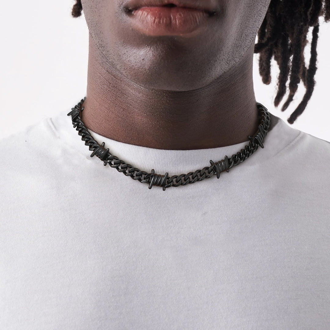 ChainsHouse Black Barbed Wire Necklaces for Men Women Punk Thorns Chain Necklace 9mm Width Chunky Chains Jewelry Gift, 16 inch