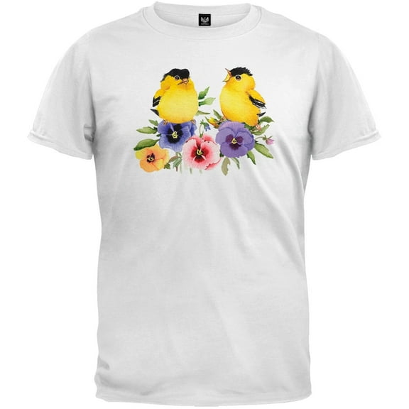 Goldfinches and Pansies White T-Shirt - Medium