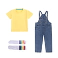 thumbnail image 3 of SDNall 3 Pack Toddler Boys and Girls Summer Outfit, Solid Color Short Sleeve Crew Neck Tee and Denim Overalls Set with Socks, Casual Everyday Play and Outdoor Clothing Set for Kids Ages 3-12 ﻿, 3 of 10