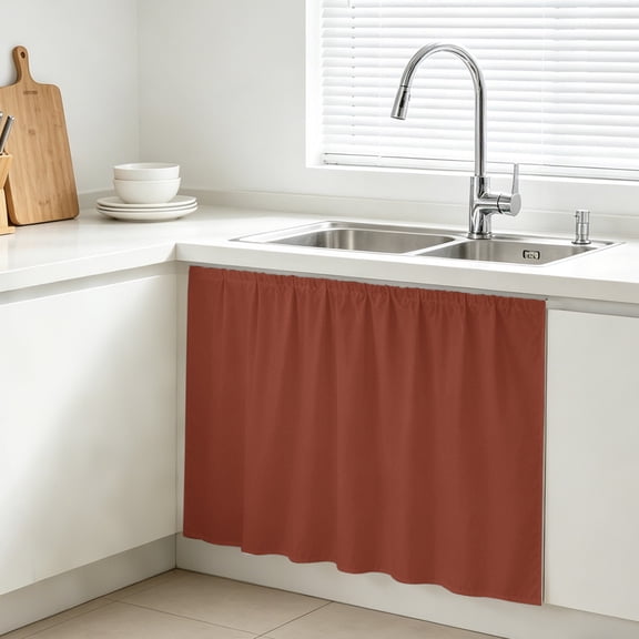 Terracotta Cabinet Curtains for Kitchen 28"W x 35"L, Rustic Red Solid Background Autumnal Rustic Farmhouse Farmhouse Sink Skirt Magic Tape Short Curtain Decorative Privacy Panel for Bathroom Laundry