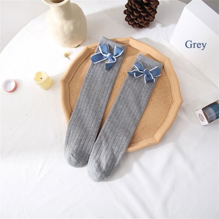 

Solid Color Cotton Over The Knee Bow-knot Autumn And Winter Children s Tube Socks Christmas Gifts Stockings GREY