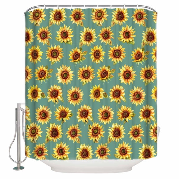 Shower Curtain Bathroom Set Farm Sunflowers on Green Waterproof Fabric Shower Curtains with Grommets&Hooks Watercolor Country Floral Privacy Bath Curtain for Bathtub 36x72in