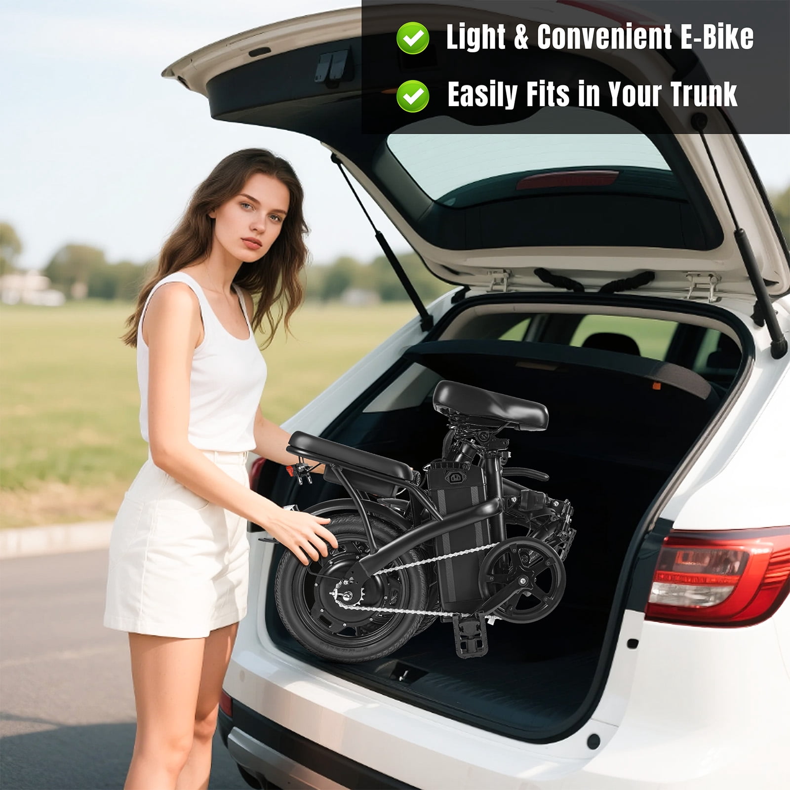14 Inch Folding Electric Bicycle, 560W Adult Electric Bicycle, 48V 10.4Ah, Maximum Range of 32 Miles, Dual Disc Brake Safety System, 3-Speed Riding, Front Fork with Shock Absorption, Black