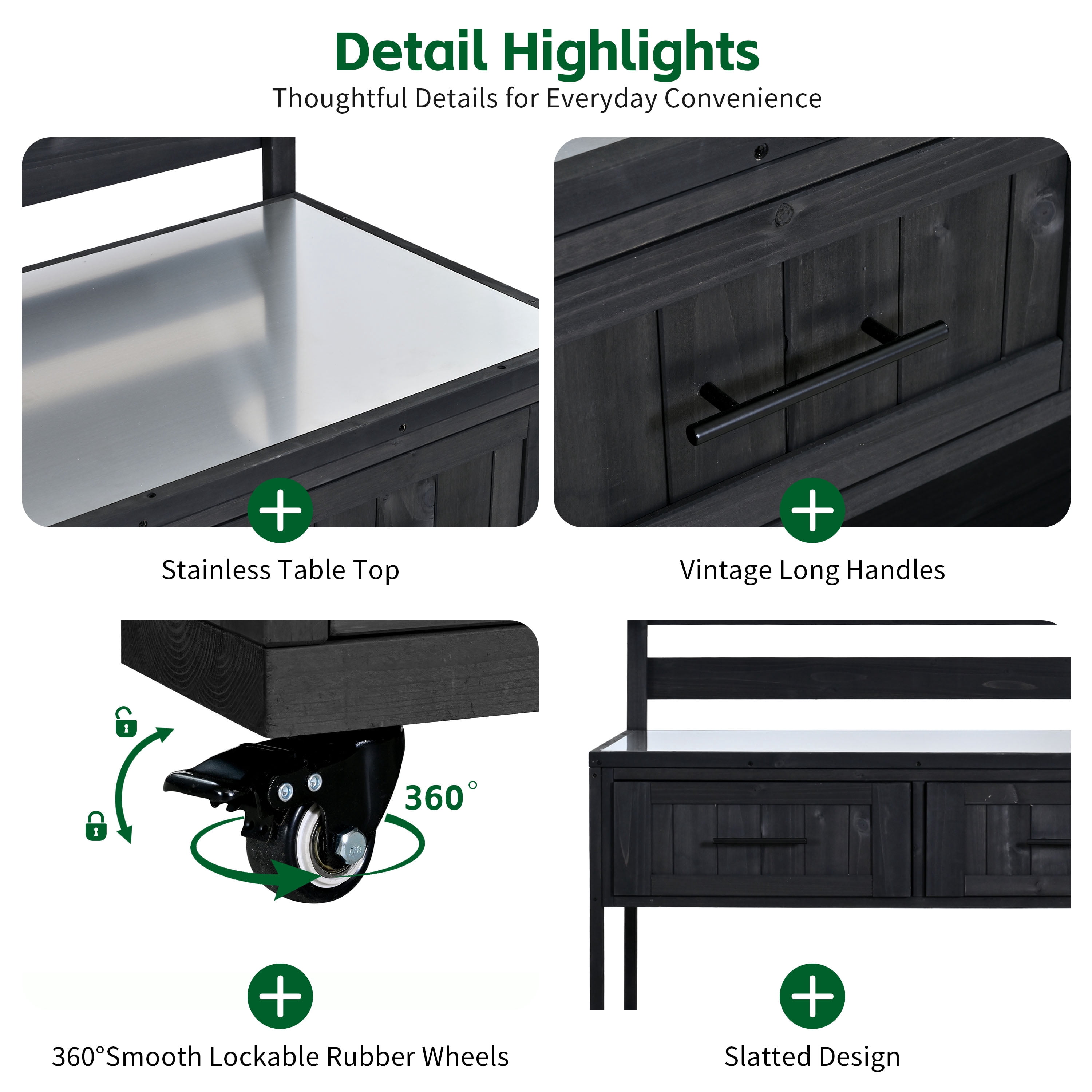 62.3" Outdoor Grill Cart with Stainless Steel Top – Solid Wood Patio Kitchen Cart, Raised Shelf, Drawers, BBQ Prep Table for Backyard, Black
