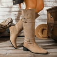 thumbnail image 2 of Khaki Fashion Boots For Women Pointed Toe Heel Mid Calf Boots Fall Winter Belt Buckle Design Suede Material Comfortable Footwear Size 36 Heel Height 1.77 Inches, 2 of 9