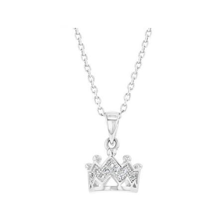- 925 Sterling Silver Princess Crown Necklace Pendant Girls Kids Clear CZ 16