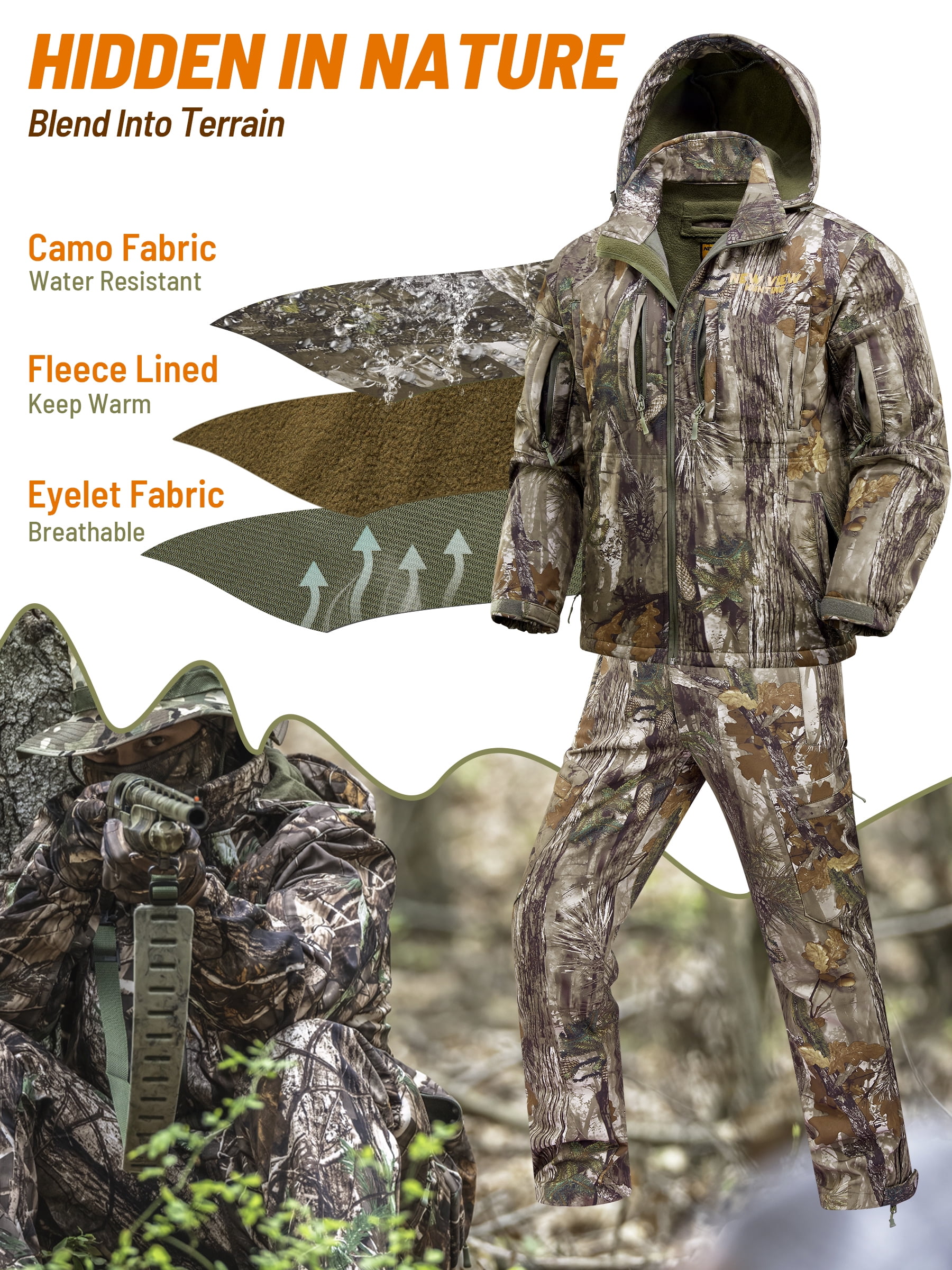 New View Quiet Hunting Clothes for Men, Camo Hunting Jacket and Pants, Water Resistant and Insulated