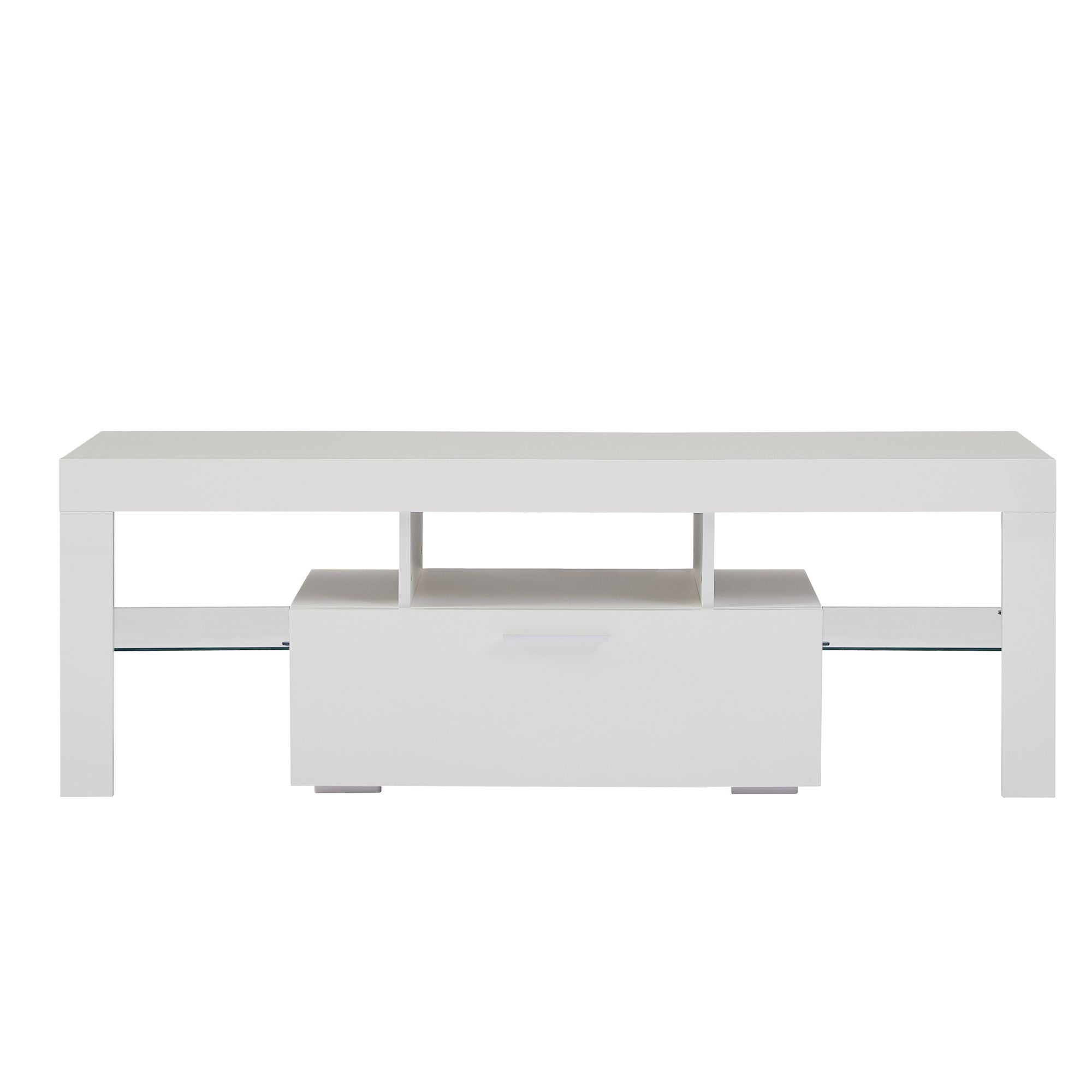 DEALTOPS Modern TV Stand with 16-Color LED Lights and Big Drawer, Minimalistic Media Console with Glass Shelves for TVs up to 55'' -White