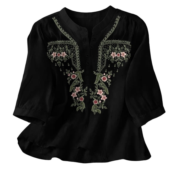 CLOISE Womens Blouses 3/4 Sleeve Plus Size Embroidery T Shirts Loose Floral V Neck Pullover Cotton Linen Casual Fall Tops Black 3XL
