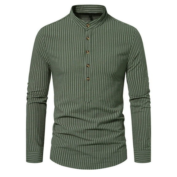 RYRJJ Men's Casual Henley Shirts Band Collar Long Sleeve Hippie Striped Beach Shirt Fashion Slim Fit Bussiness Work Shirt(Army Green,S)
