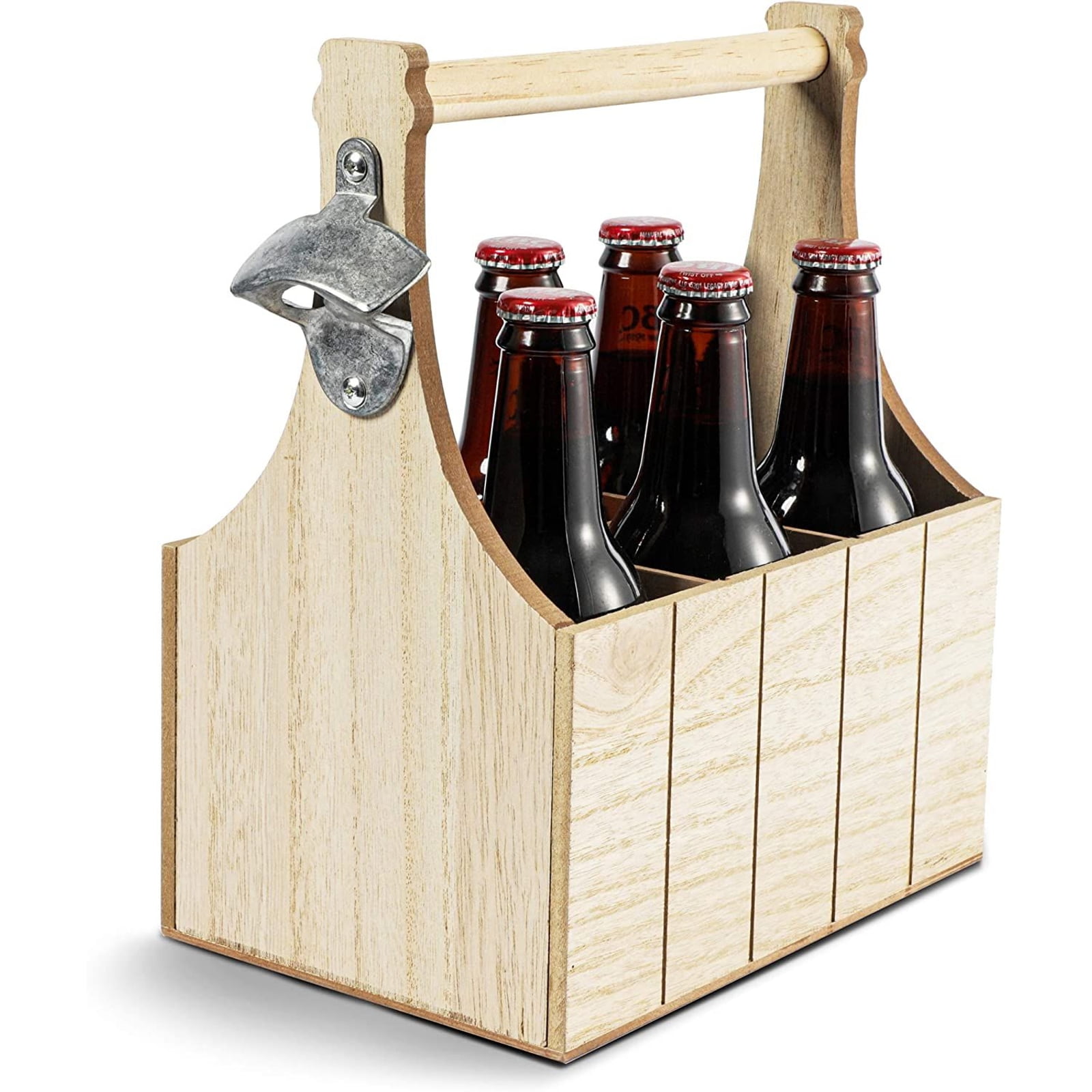 Wooden Rustic Farmhouse Bottle Caddy Organizer 6-Pack Beer Carrier Bottle Opener 