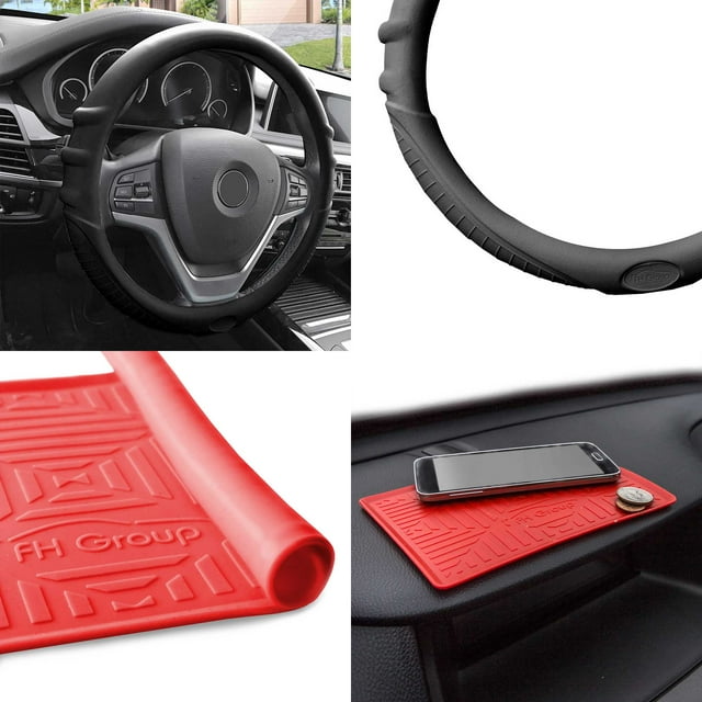 FH Group Universal Fit Silicone Steering Wheel Cover Grip Marks w/ Dash Mat for Auto Black FH3003BLACK-FH3011RED