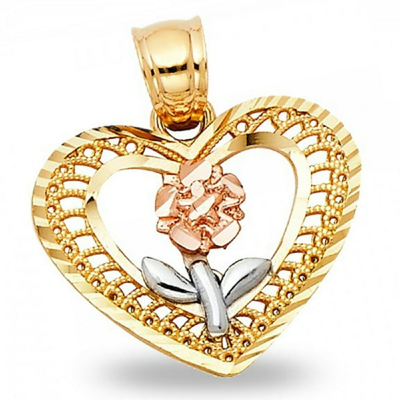 Open Heart Filigree Heart With Rose Solid 14k Diamond Cut Charm Pendant Tri Tone Gold 15 mm x 18 mm