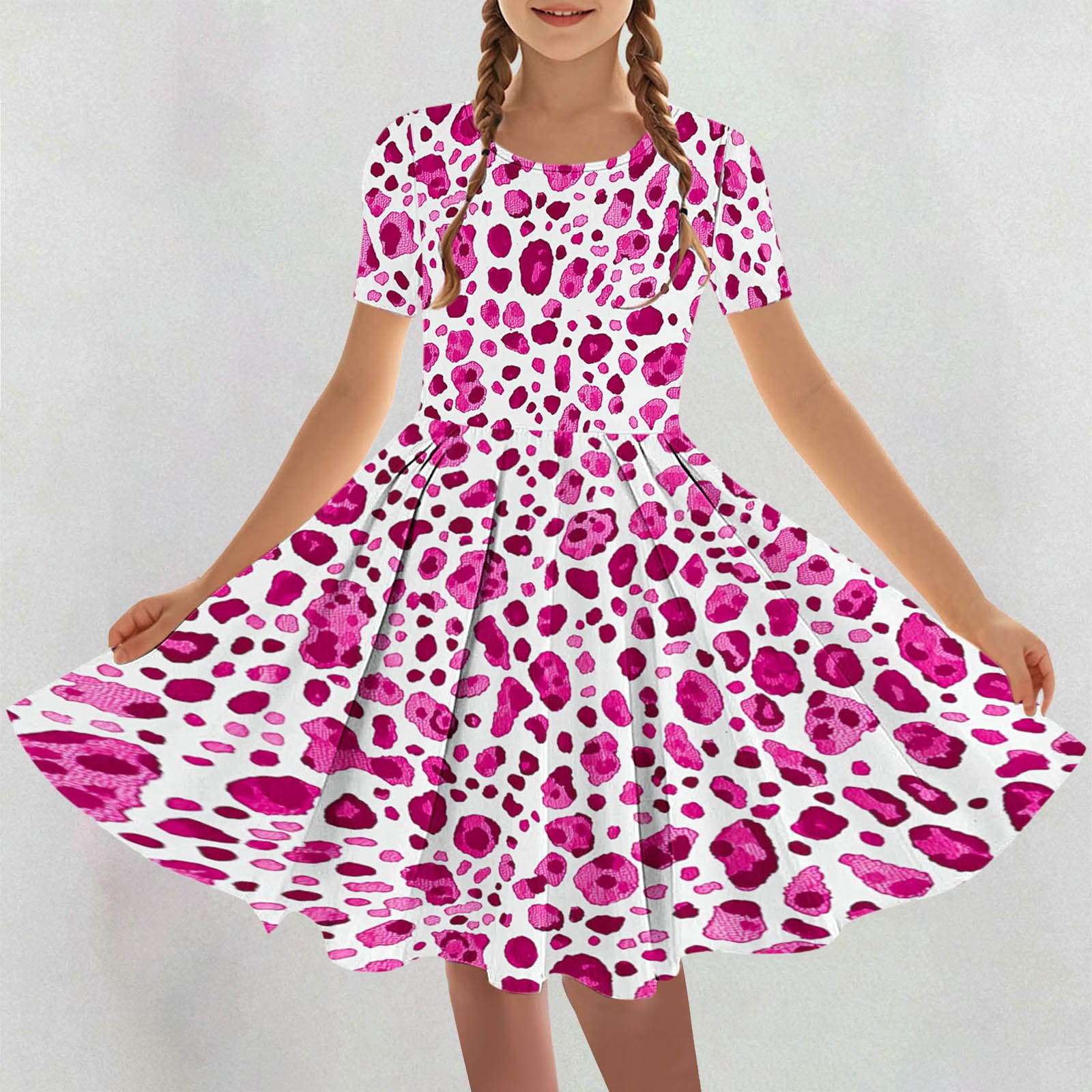 Girls Dance Dress Leopard Printed Trendy Party Dresses Summer Short Sleeve High Waist Swing Dress Flowy Pleated A-Line Dresses Hot Pink 15 Years