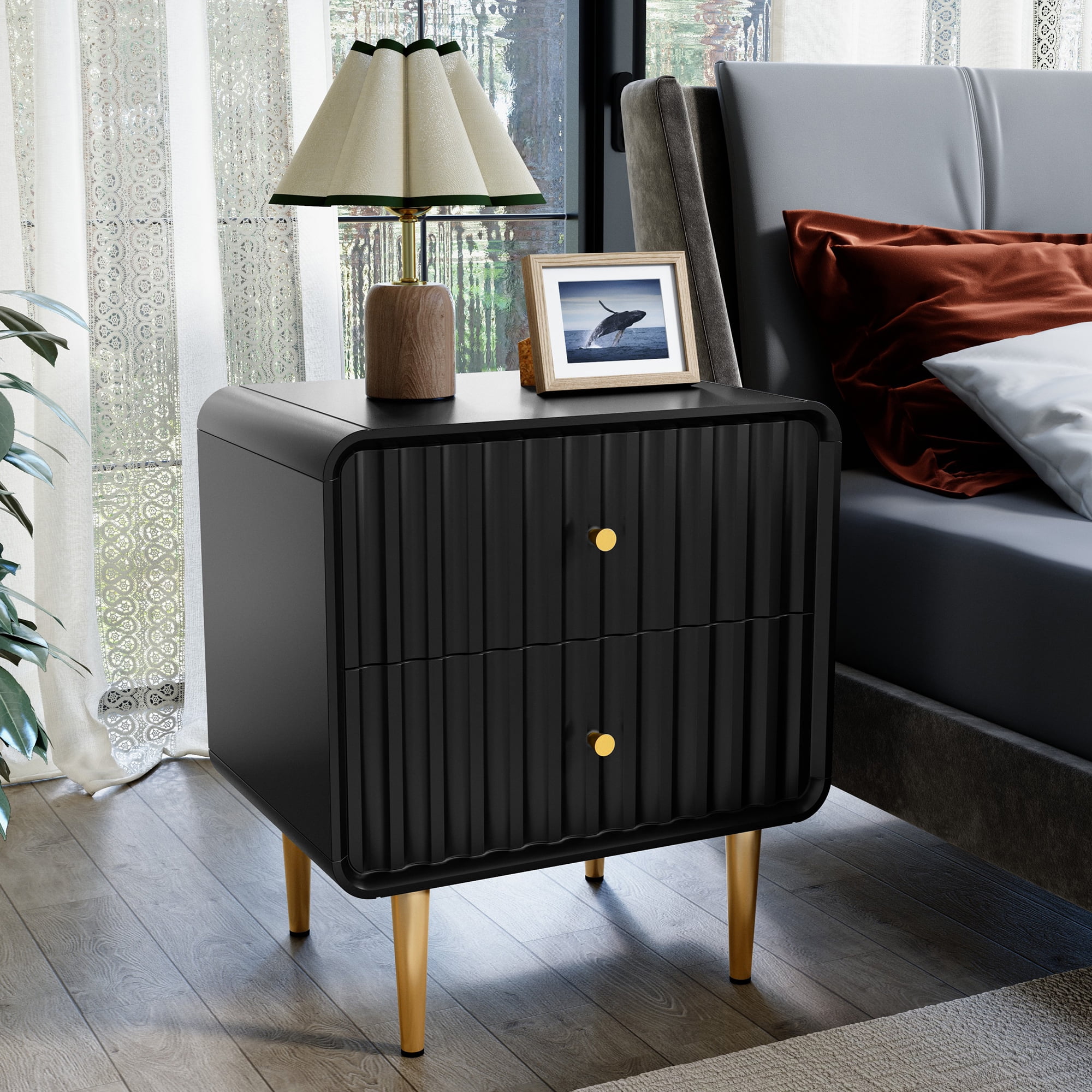HLR Modern Fluted Wood Nightstand Set of 2 with 2 Drawers, Bedroom Black Bed SideTable with Storage