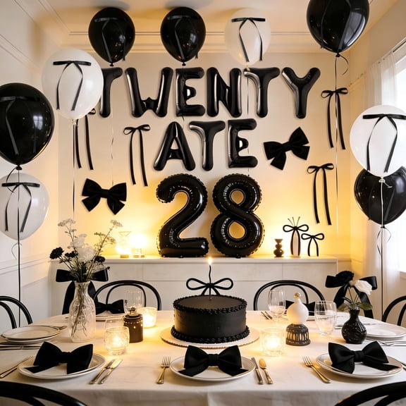 28th Birthday Party Decorations Kit - Twenty Ate Theme Black White Balloons & Bow Decorations