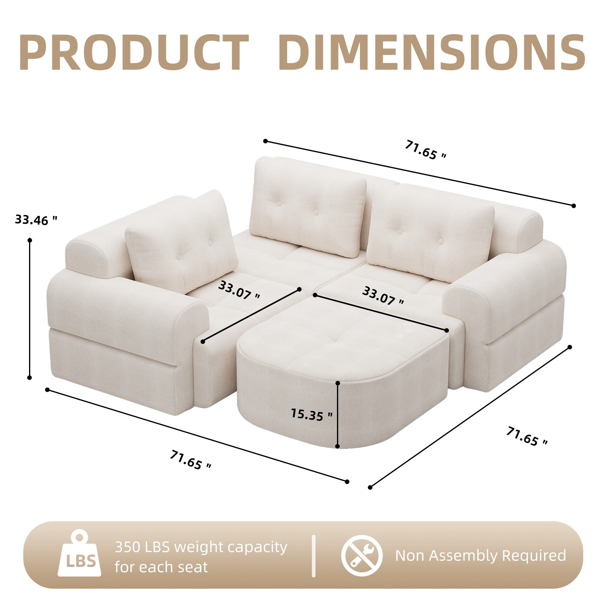 DEALTOPS 112" Modular Sectional Sofa with Ottoman, Full-Foam 3-Seat Convertible Chenille Cloud Couch, Beige