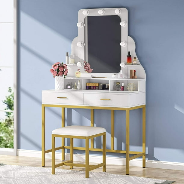 Tribesigns Vanity Table Set With, Tribesigns Vanity Table Set With Lighted Mirror Stool