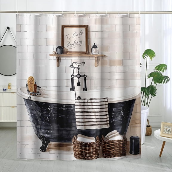 Vintage Bath Tub Shower Curtain, Beige Black Bathroom Decor, Seasonal Modern Classic Waterproof Fabric Shower Curtain Set with Hooks-72"W x 86"L (Pack of 1)