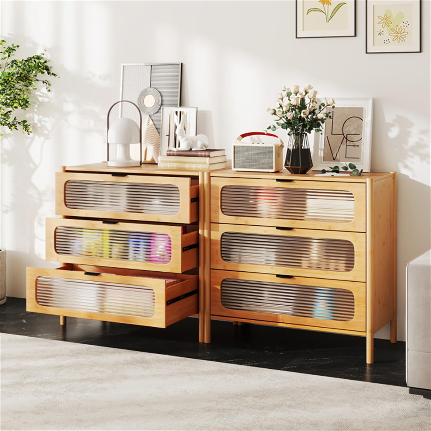 Demi Bonn 3 Drawer Dresser for Bedroom, Modern Storage Cabinet with Reeded Tempered Glass Front, Bamboo Chest of Hallway, Entryway, Beige