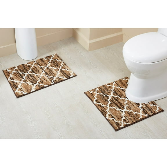 Better Trends 2-Piece Bathroom Rug Set, 17"x24" & 20"x20", 100% Cotton Soft, Water Absorbent, Non-Slip Bath Mat Machine Washable - Ideal for Sink, Toilet Base, Tub or Shower Savio Collection - Brown