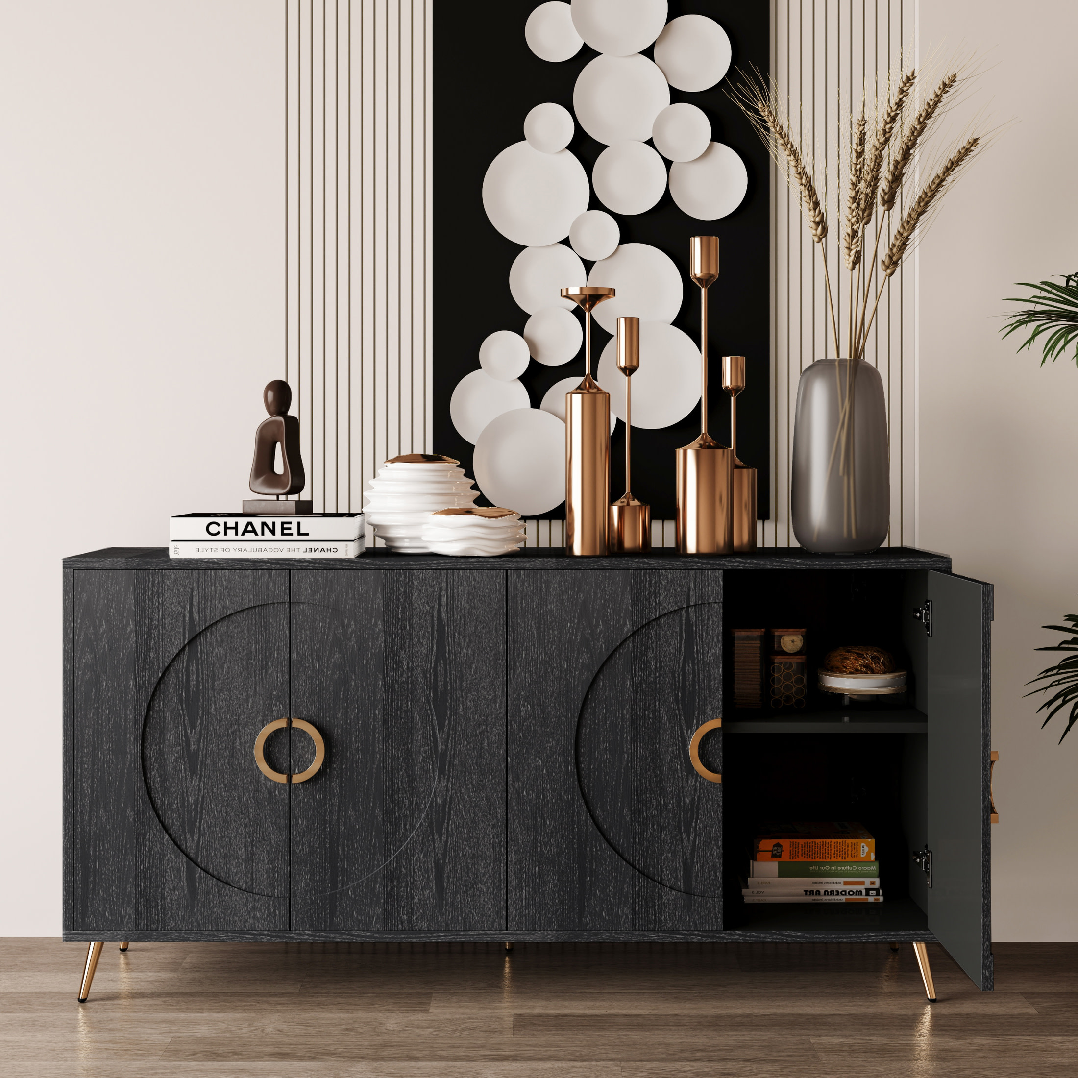 Noble House 59.8" Modern Lacquered Sideboard, Buffet Storage Cabinet with Adjustable Shelves, Distressed Black
