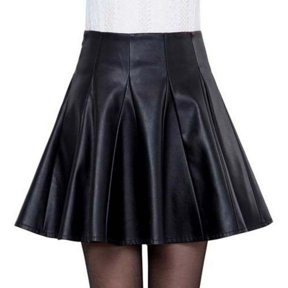 Women's Casual Flare Pleated PU Leather Mini Skater Skirts Black Plus Size A-line High Waist Short Skirts