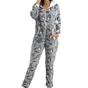 Kmbangi Women One-piece Pajamas Long Sleeve Print Drawstring Hooded Romper with Pockets Adult Homewear Sleepwear
