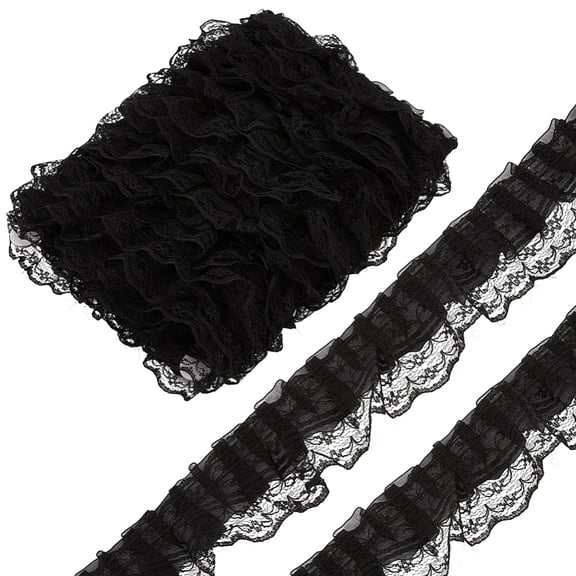11 Yards Black Ruffle Pleated Lace Trim Gathered Embroidered Fabric Applique Trimming Double Layer Ruffled Edge Tulle Ribbon Bulk for Sewing Making