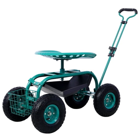 Heavy-Duty Garden Cart Blue Convenient Tray and Basket Swivel Seat Rolling Garden Cart Scooter