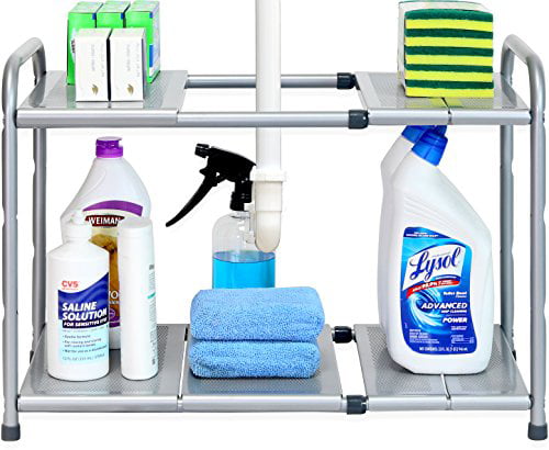 SMONTER 2 Pack Expandable Under Sink Organizer 2-Tier Adjustable Shelf Organizer with 10 Removable Panels and Stainless Steel Pipes with Hooks Multifunctional Storage Rack