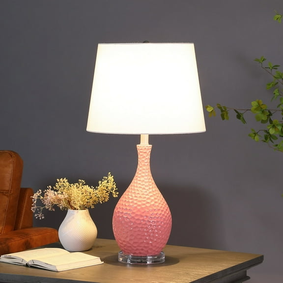 Noble House Telli 28" Pebble Table Lamp, Mid-Century Resin Body, White Semi-Drum Shade, E26 Light Bulb, Pink