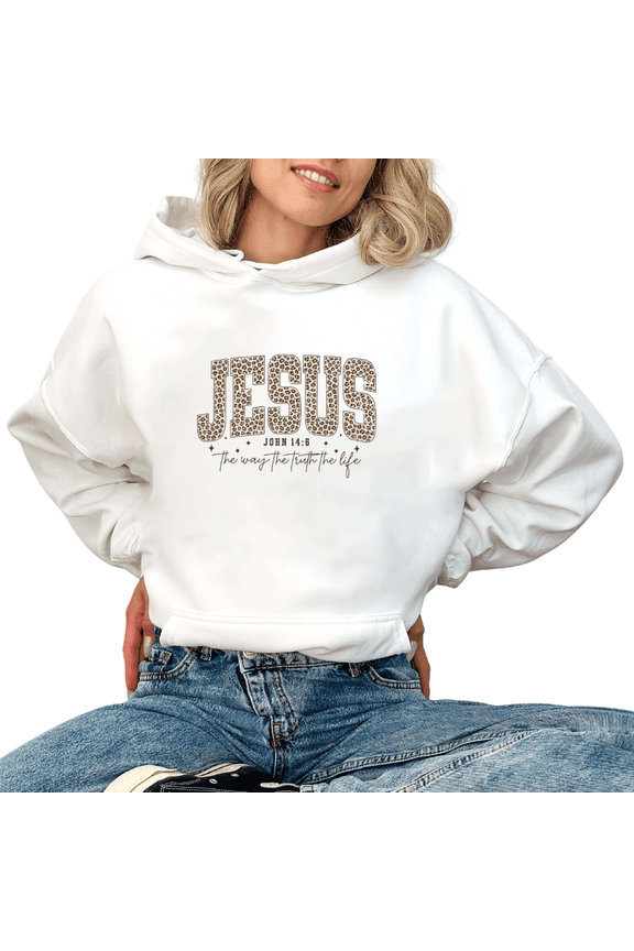 White Womens Print hoodie Graphic Sweatshirt Cozy Leopard Print JESUS JOHN 14:6 the way the truth the life Christian Motif Fall Warm S-2XL Plain Tops
