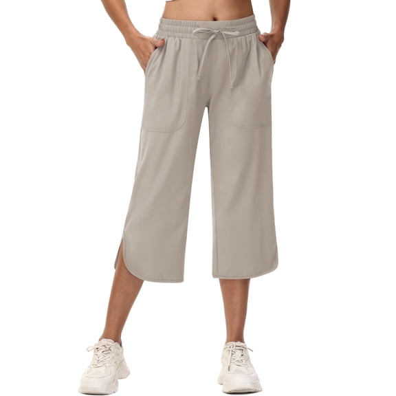 Xidunhg Women's Capri Pants Wide Leg Plus Size Lightweight Quick Dry Casual Summer Sweatpants Hiking Walking Khaki L