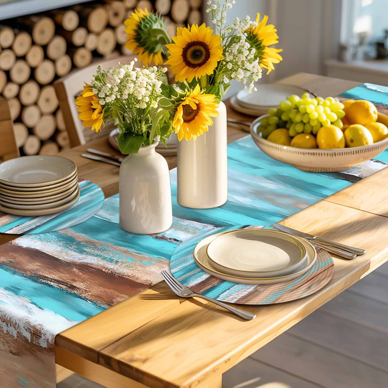 Turquoise Brown Round 13 Inch Placemats Set of 6, Abstract Wood Grain Gradient Stripes HeatResistant Non Slip Place Mats for Dining Table, Wipeable Braided Kitchen Table Mats for Housewarming