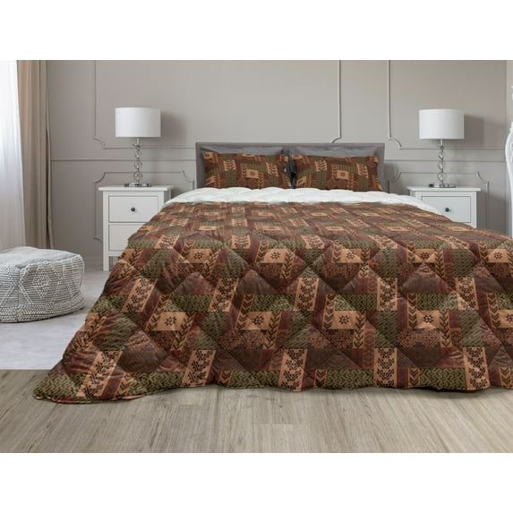 Geometric Comforter & Sham Bedding Set, Style Geometric Folk Design Geometric Floral Motifs Print, 3 pcs Duvet Set Microfiber Filling Quilt, 5 Sizes, Pink Green and Brown, by Ambesonne