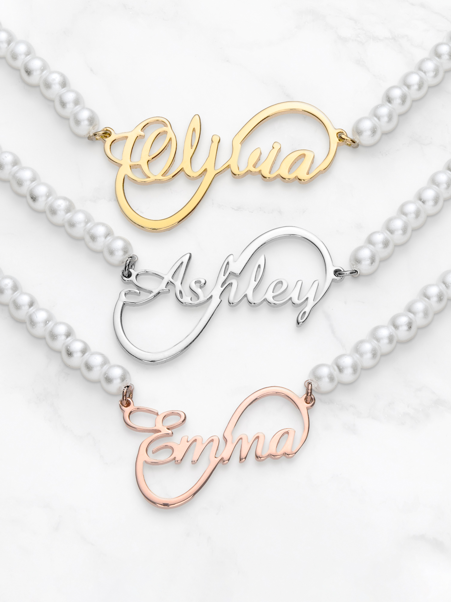 Personalized Planet Script Name Infinity Glass Pearl Necklace ,Women's