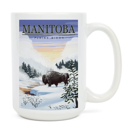 

15 fl oz Ceramic Mug Manitoba Canada Bison Snow Scene Dishwasher & Microwave Safe