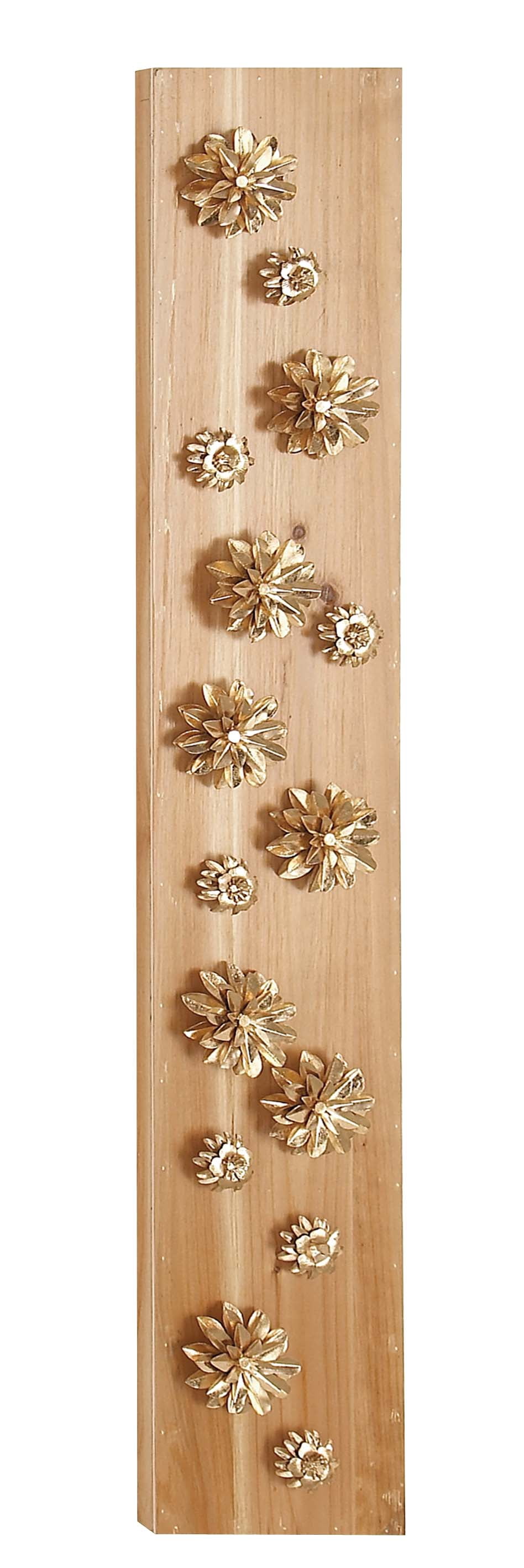 Decmode 55 X 9 Inch Natural Wood And Metal Light Gold Petaled Flowers Rectangular Wall Decor, Metallic, Natural Wood