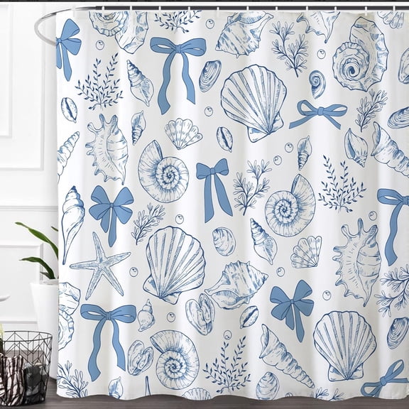 Blue Beach Shower Curtain 72 W x72 H Inch,Coastal Ocean Starfish Seashell Bows Waterproof Polyester Fabric Spring Summer Bathroom Bath Home Decor with Hooks