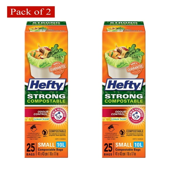 Hefty Strong Waste Bags Flat Top Compostable Small 10L, 25 Bags (Pack of 2)