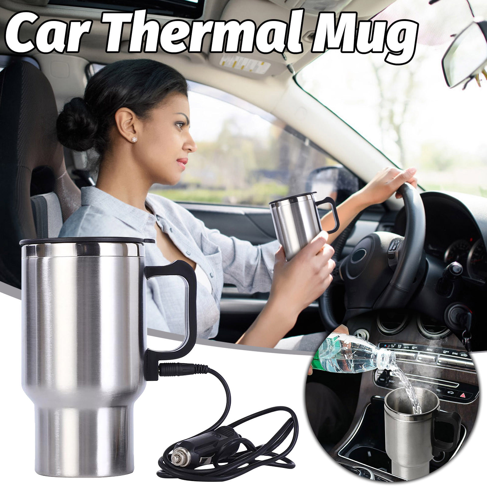 Heated Travel Mug, 12V 450ml Electric INCAR Stainless Steel Travel Heating Cup Coffee Tea Car Cup Mug with Anti-Spill Lid Car Electric Kettle for