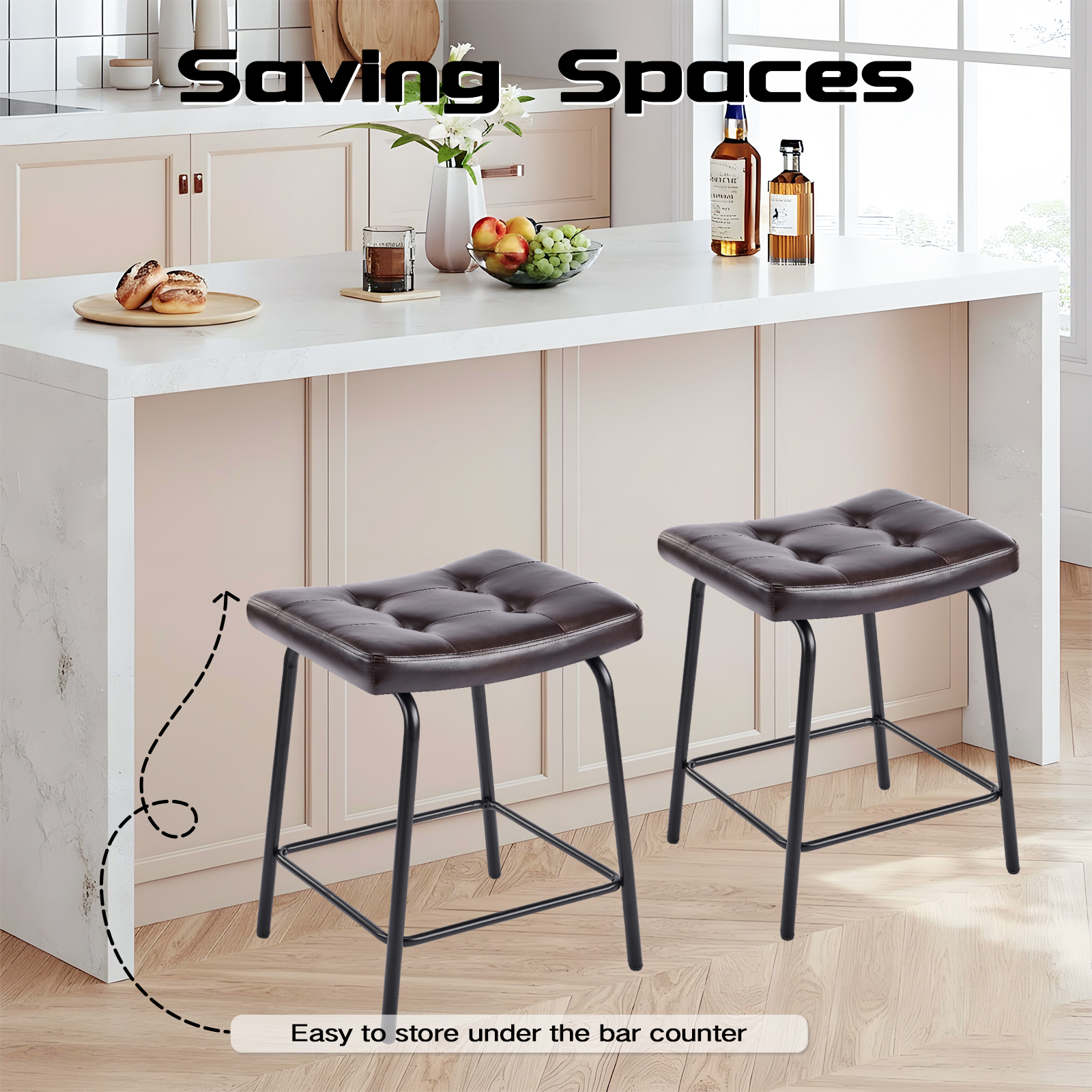 25" Saddle Counter Stools Set of 6, Tufted Faux Leather Counter Height Bar Stools with Metal Legs for Kitchen Island, Black Brown