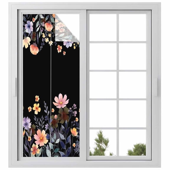Black Spring Floral Window Privacy Film, Elegant Flowers Farmhouse Botanical Static Cling UV Sun Blocking Heat Control Window Tint Day and Night, Non-Adhesive One Way Privacy Cover 29.5''x78.7''