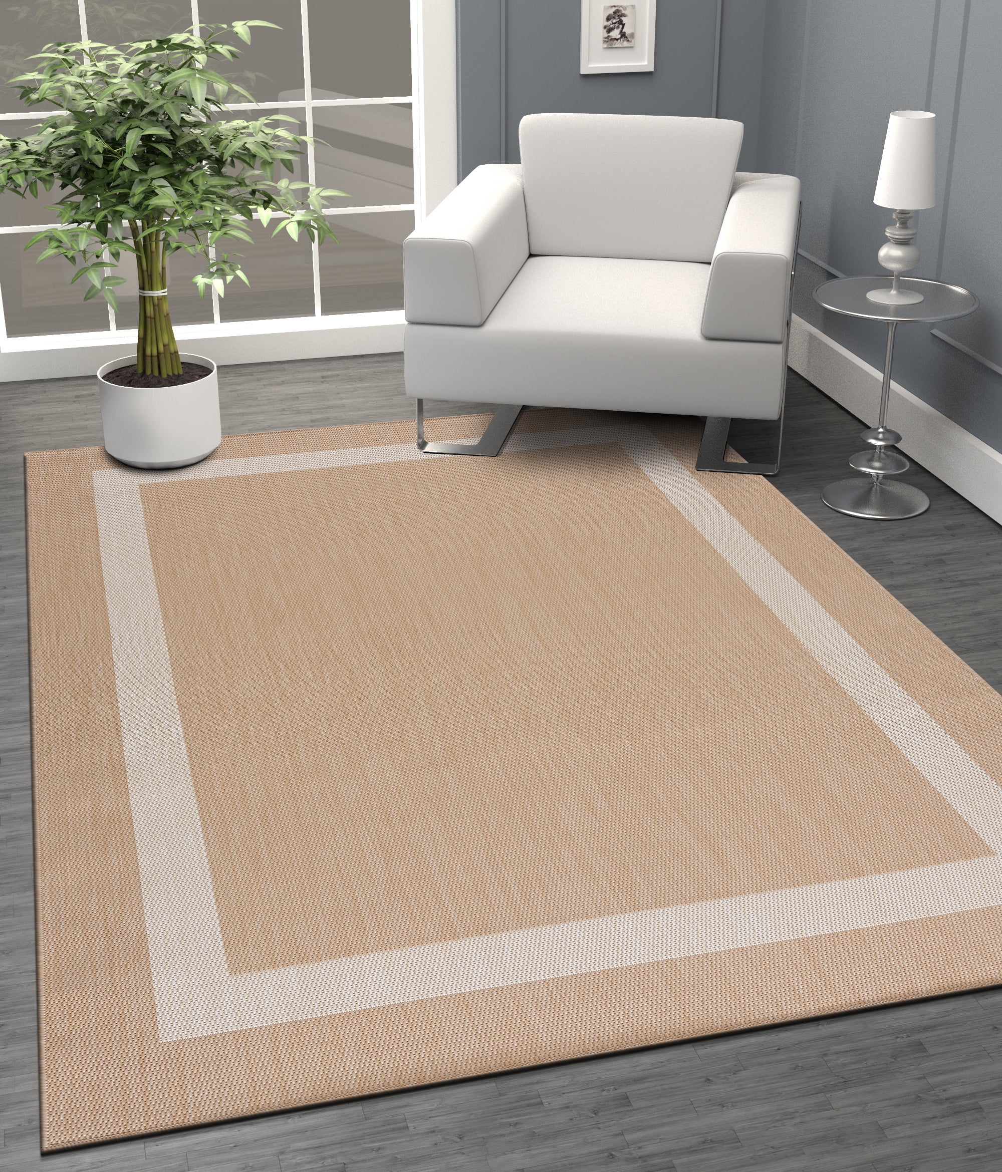 CAMILSON Bordered Washable Indoor Outdoor Area Rug Beige 5 x 7