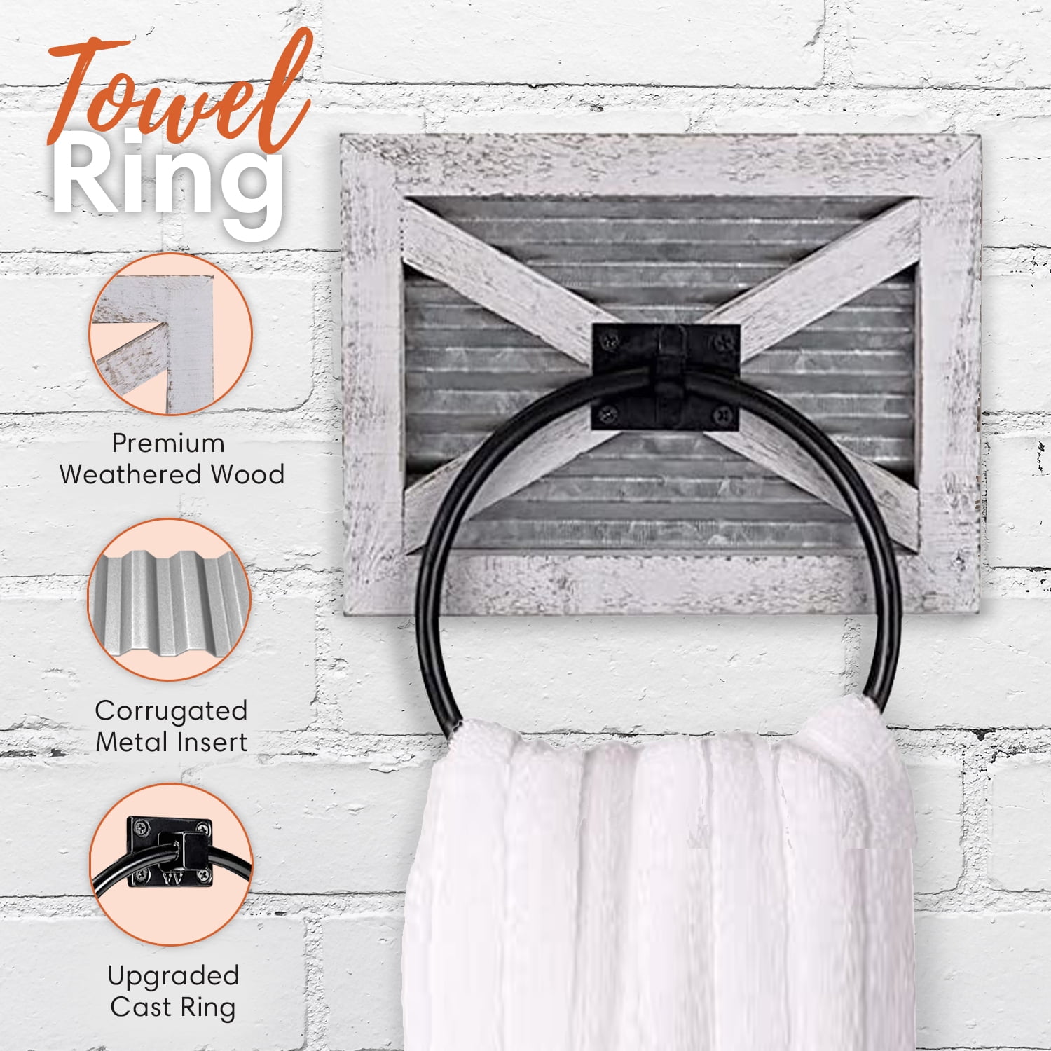 Autumn Alley Farmhouse Toilet Paper Holder and Towel Ring, Wall Mount, 2 Set - Farmhouse Wall Toilet Paper Holder & Bathroom Hand Towel Holder Decor, Rustic White