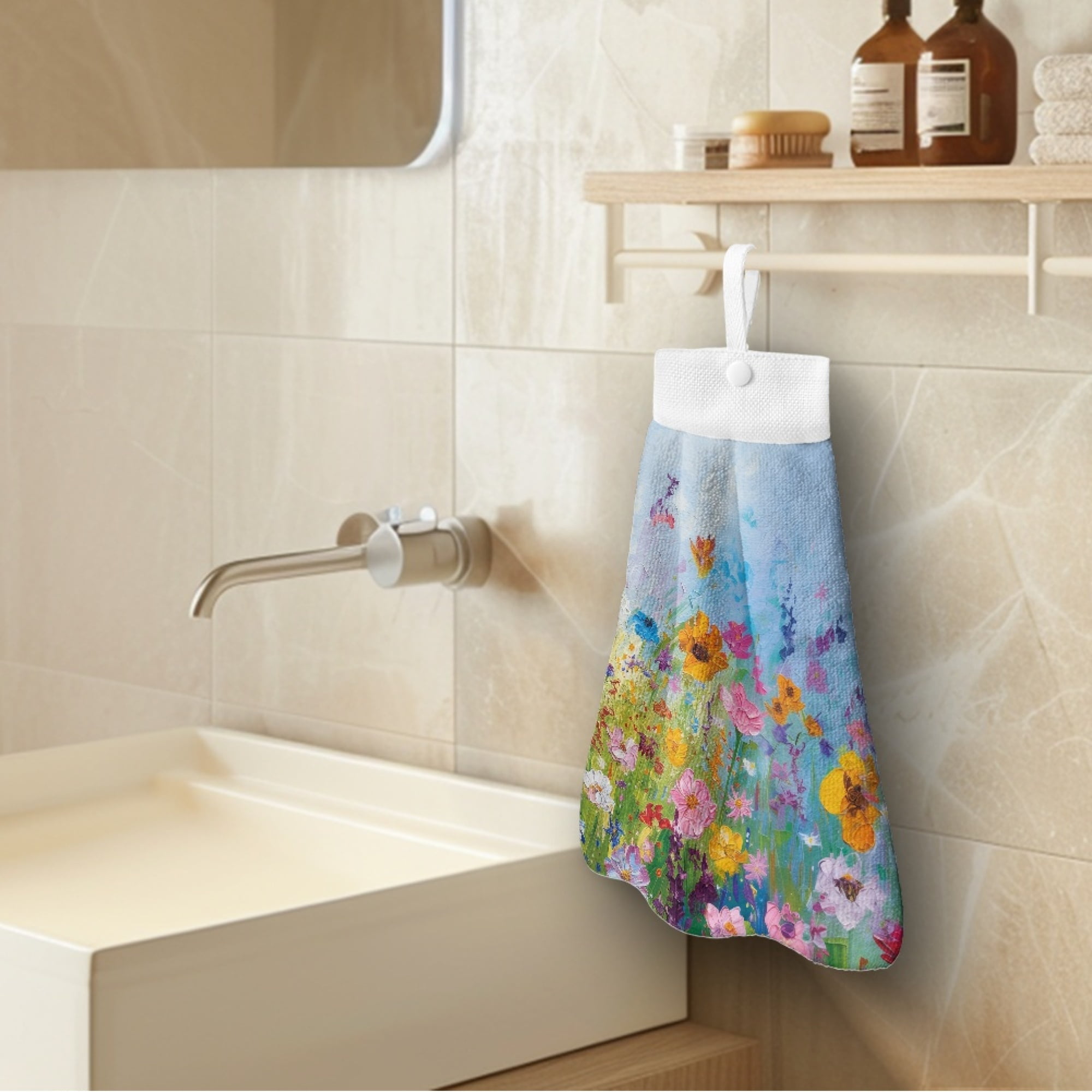 SEANATIVE Flowers Hanging Hand Towels for Kitchen Decorative Fast Drying Hand Towels for Bathroom Set of 3 Portable Hand Dry Towel with Hanging Loop Machine Washable Hang Towel
