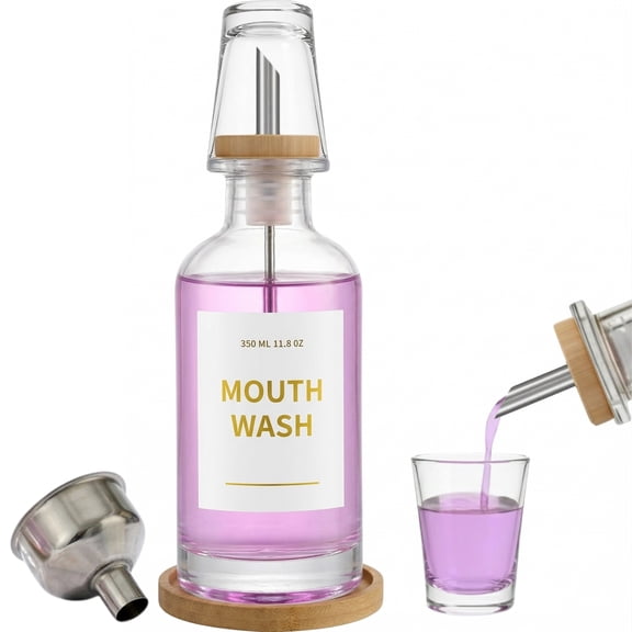 Refillable Glass Mouthwash Dispenser with Bamboo Tray – Includes Nozzle, Funnel & Label, Perfect for Bathroom, Home Décor, and Office Use (Clear)