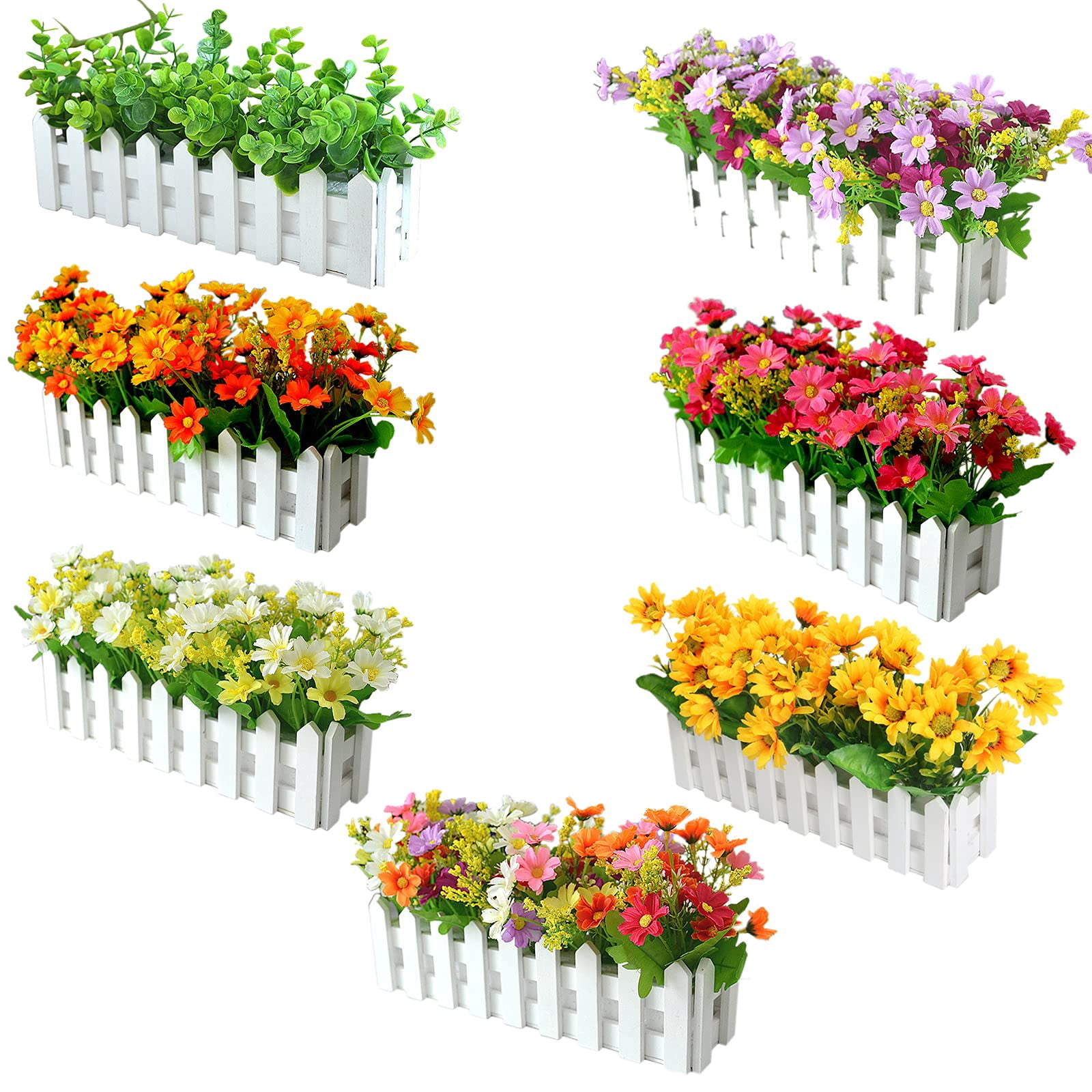 Artificial Flowers in Picket Fence Pot - Fake Mixed Color Jumping Orchid Plants - Mini Potted Plant