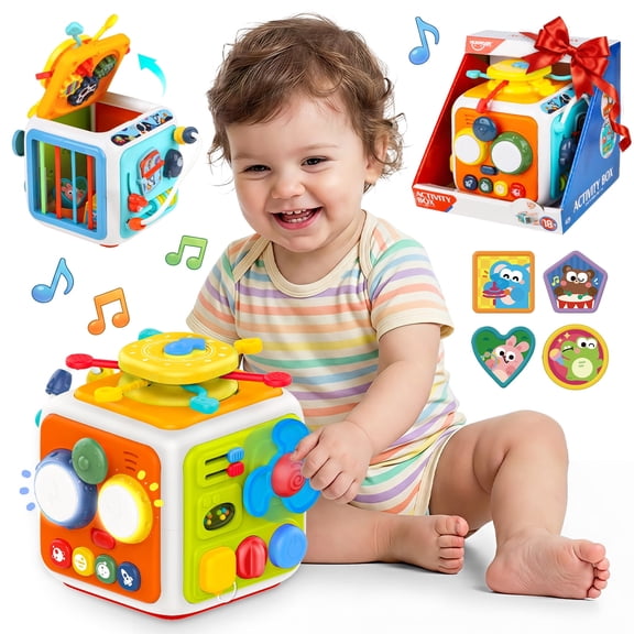 Huge Wave 7-in-1 Baby Activity Cube with Music & Light, Montessori Learning Toys for Toddlers, Removable Educational Toys Birthday Gifts for Kids 6-18 Months
